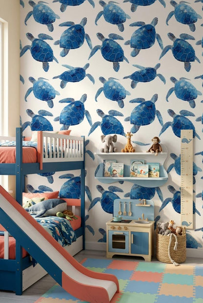 Blue Sea Turtle Wallpaper Coastal Ocean Pattern Marine Animal Wall Decor