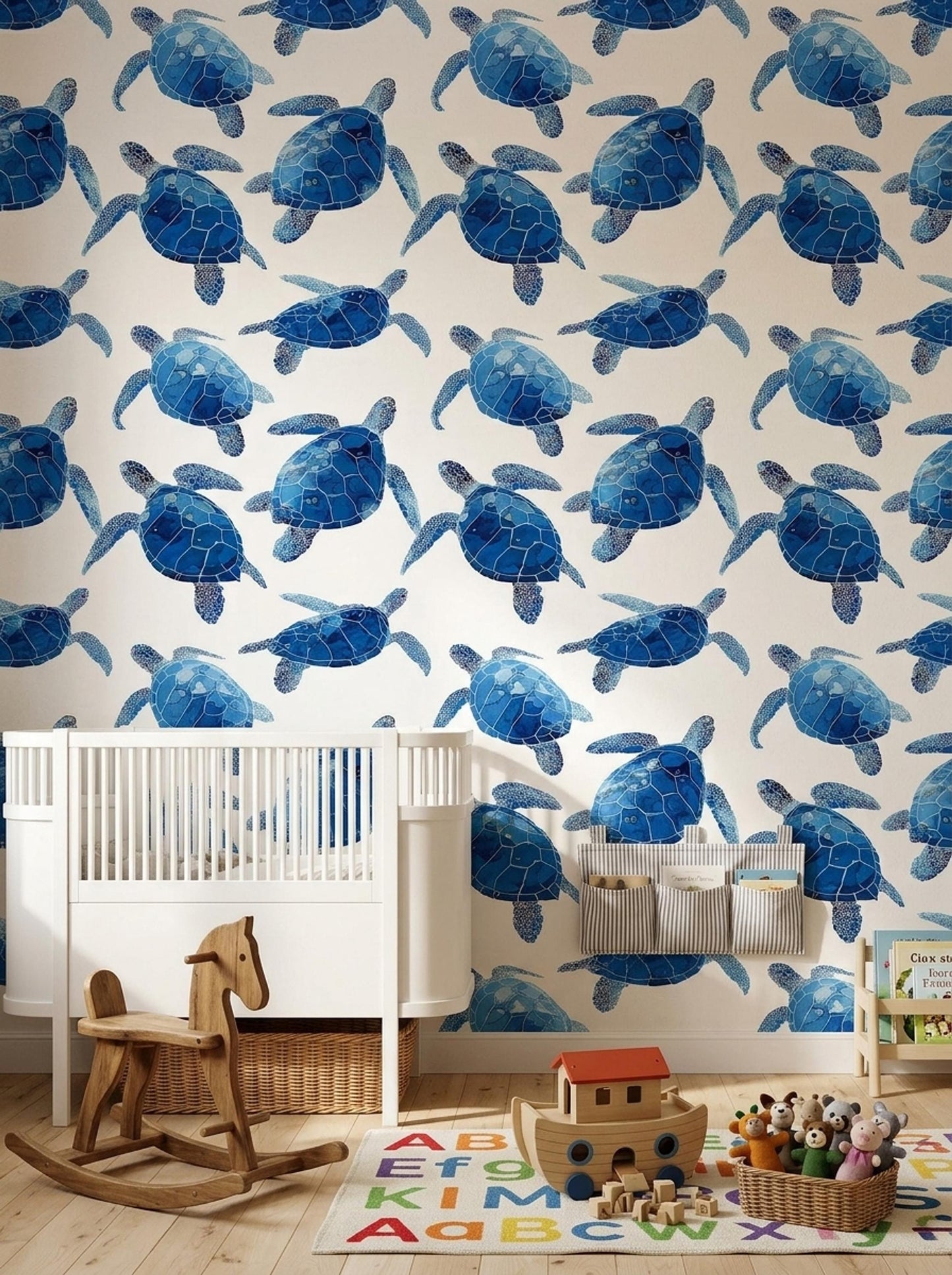 Blue Sea Turtle Wallpaper Coastal Ocean Pattern Marine Animal Wall Decor