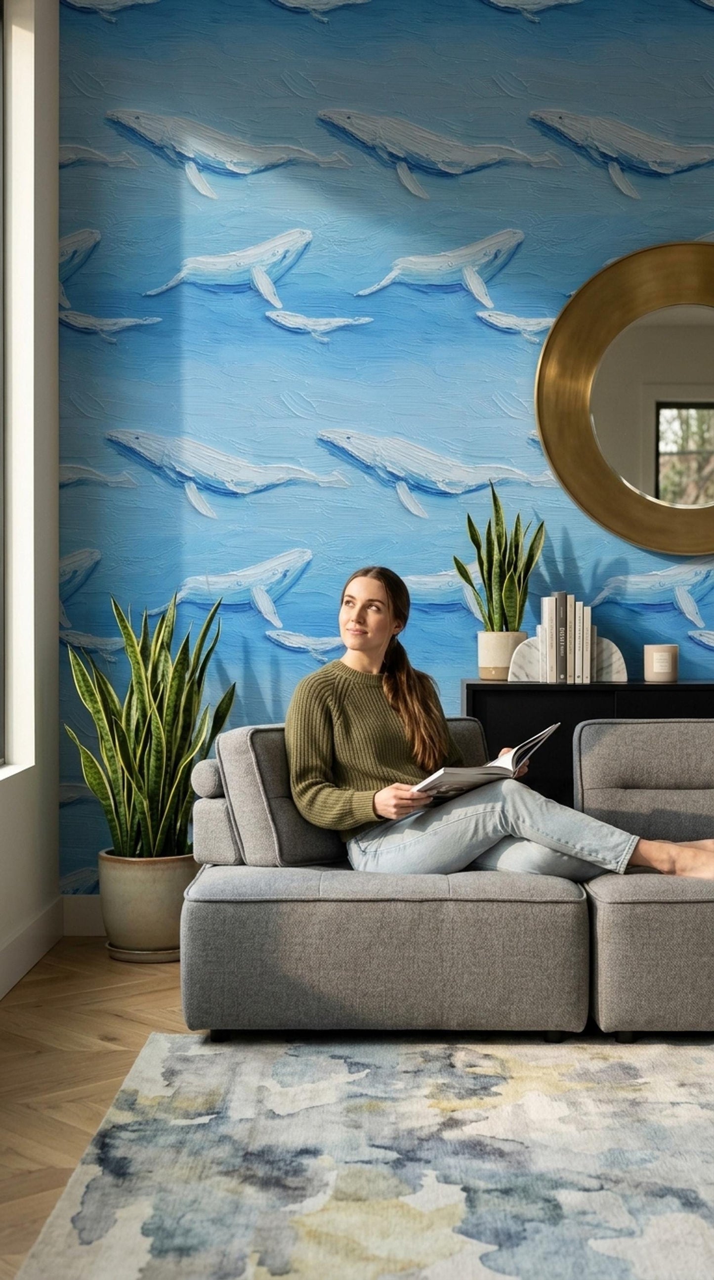 Blue Whale Wallpaper Ocean Art Brush Texture Marine Pattern Coastal Wall Decor