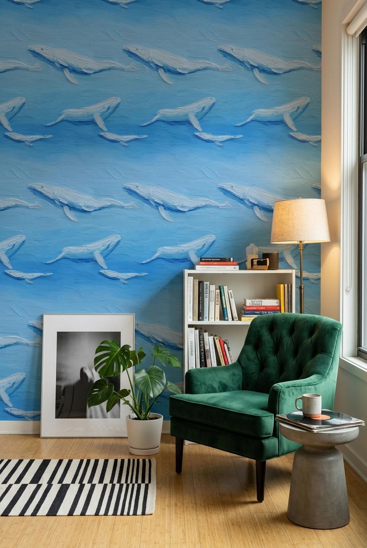 Blue Whale Wallpaper Ocean Art Brush Texture Marine Pattern Coastal Wall Decor