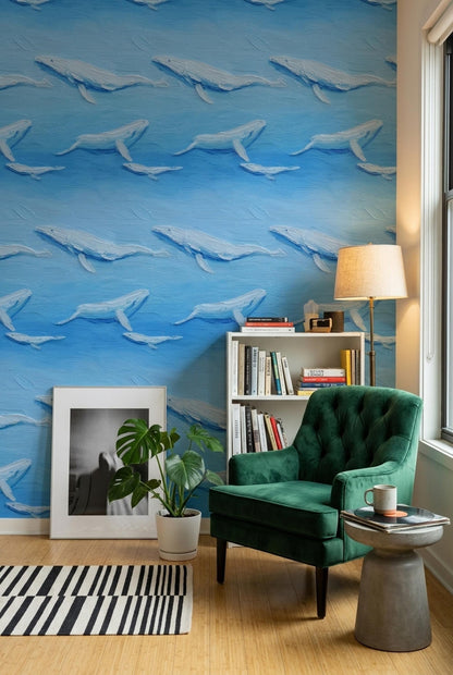 Blue Whale Wallpaper Ocean Art Brush Texture Marine Pattern Coastal Wall Decor