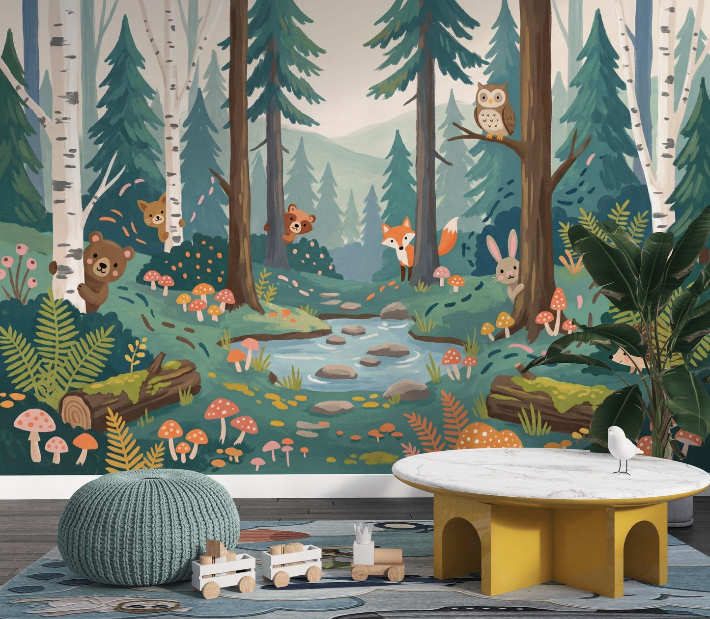 Woodland Kids Wallpaper Mural, Forest Nursery Wall Art, Animal Theme Wall Decor