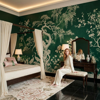 Chinoiserie Wallpaper Mural, Asian Botanical Wall Art, Green Oriental Wall Decor