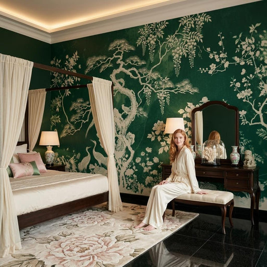 Chinoiserie Wallpaper Mural, Asian Botanical Wall Art, Green Oriental Wall Decor