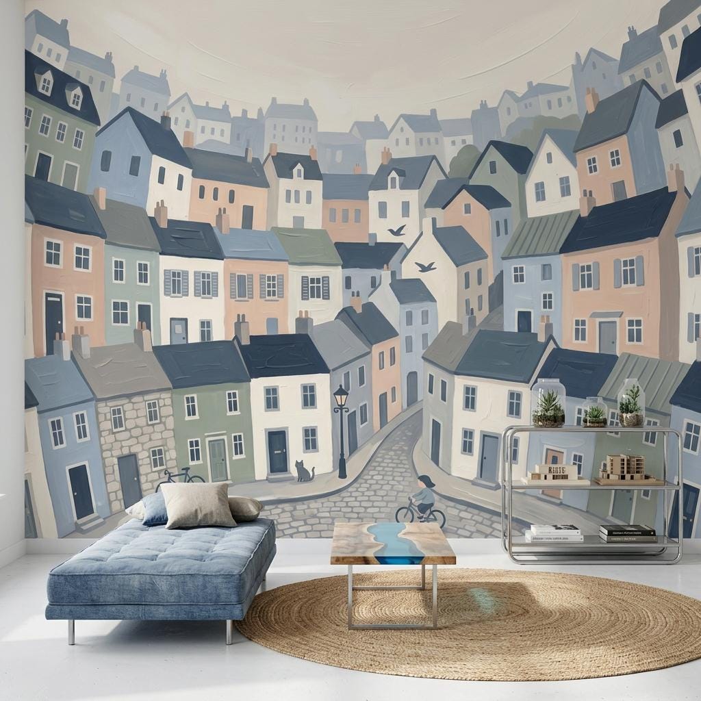 Illustrated Town Wallpaper Mural, Storybook City Wall Art, Pastel House Wall Decor