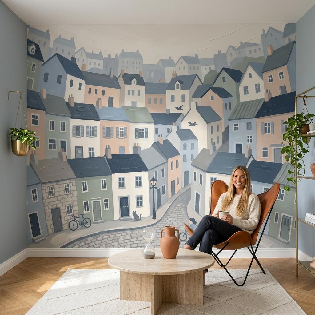Illustrated Town Wallpaper Mural, Storybook City Wall Art, Pastel House Wall Decor