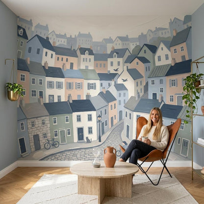 Illustrated Town Wallpaper Mural, Storybook City Wall Art, Pastel House Wall Decor