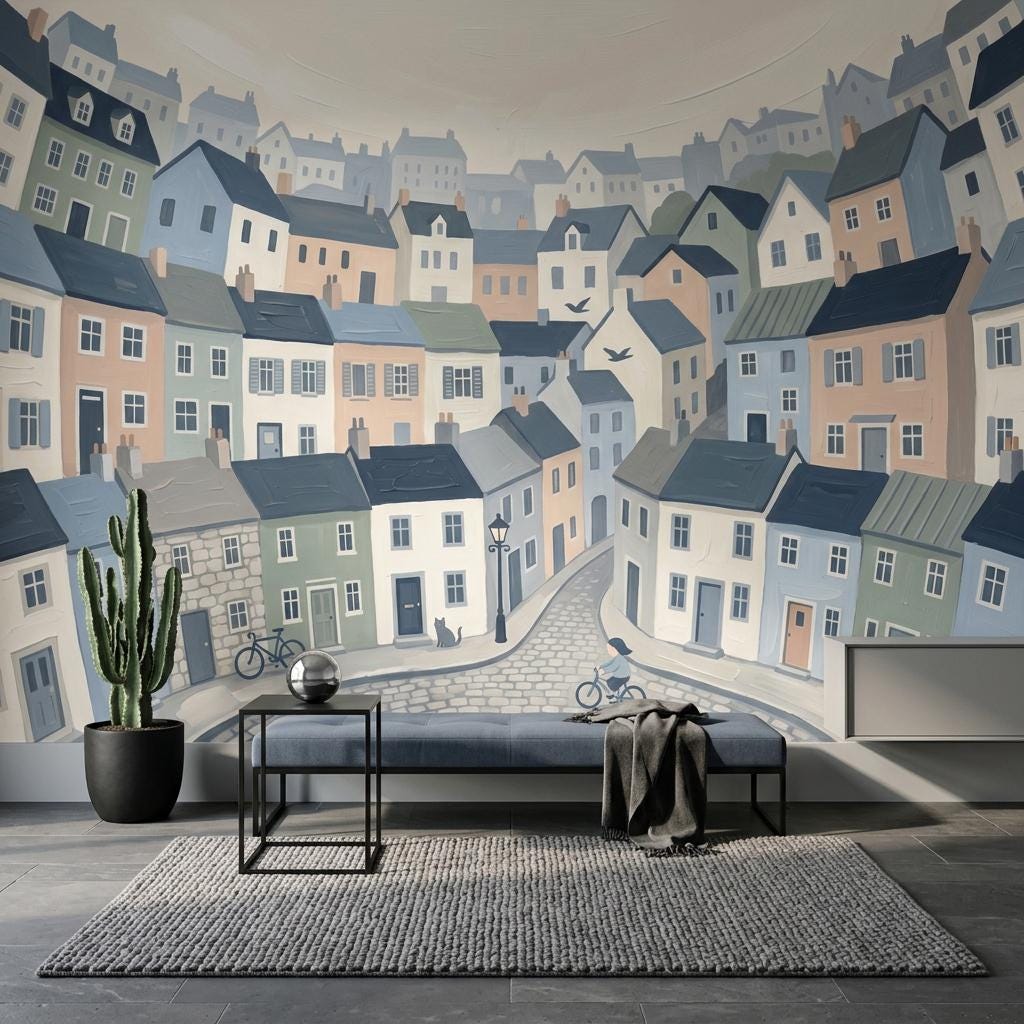 Illustrated Town Wallpaper Mural, Storybook City Wall Art, Pastel House Wall Decor
