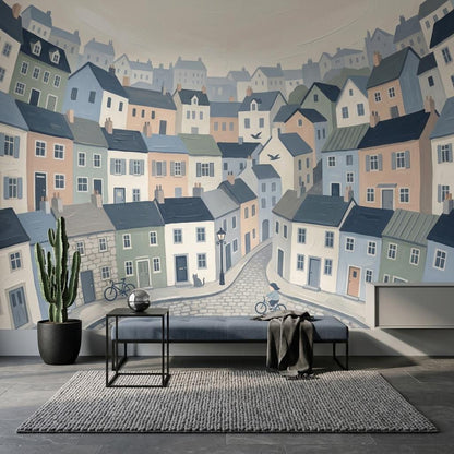 Illustrated Town Wallpaper Mural, Storybook City Wall Art, Pastel House Wall Decor