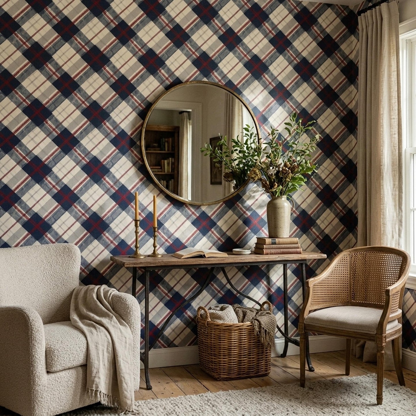 Classic Plaid Wallpaper Rustic Tartan Pattern Farmhouse Check Wall Decor Neutral