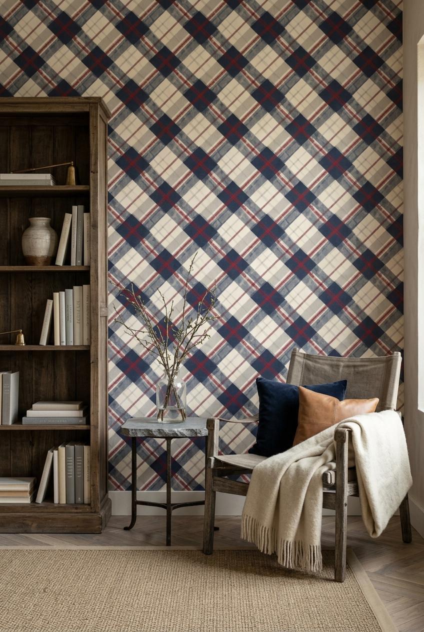 Classic Plaid Wallpaper Rustic Tartan Pattern Farmhouse Check Wall Decor Neutral