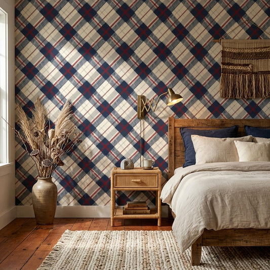 Classic Plaid Wallpaper Rustic Tartan Pattern Farmhouse Check Wall Decor Neutral