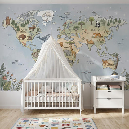 Whimsical Animal World Map Wallpaper Little Explorer Nursery Mural Storybook Kids Room Decor