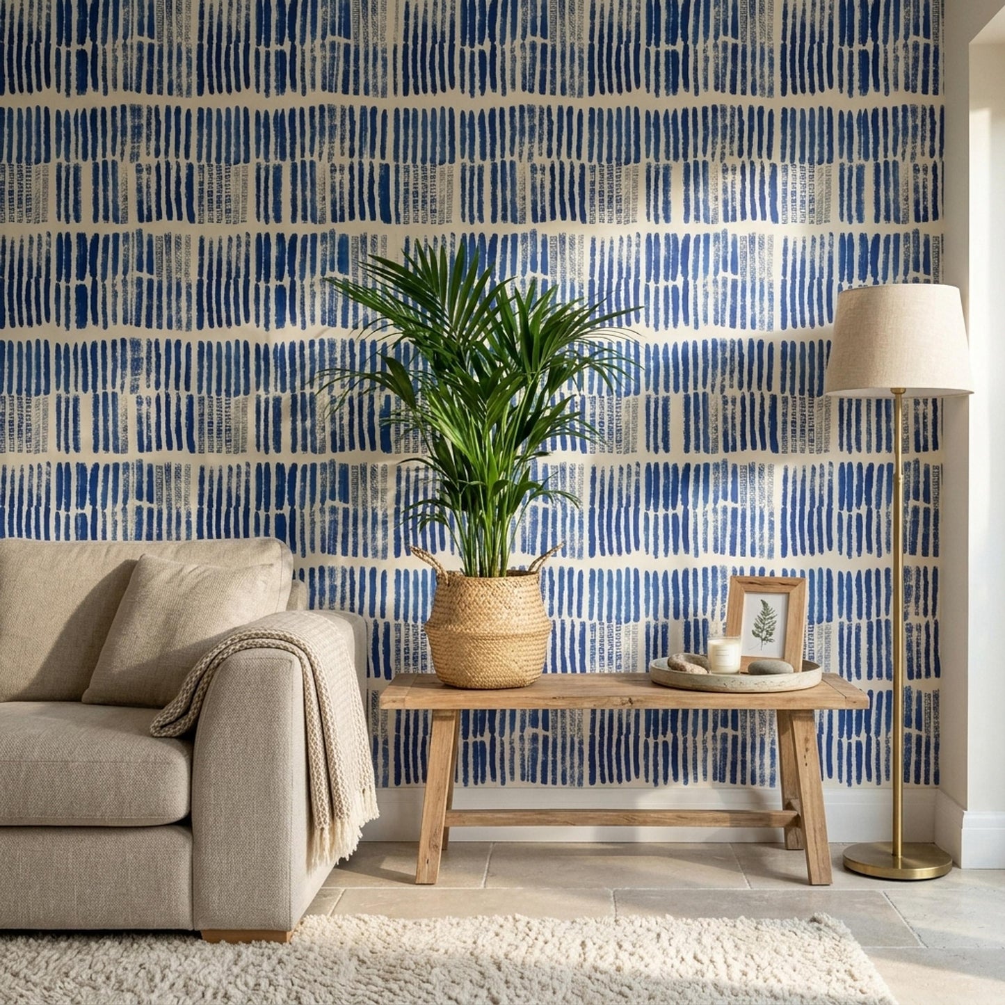 Indigo Rhythm Stripe Wallpaper Blue Brushstroke Pattern Modern Coastal Boho Wall Decor