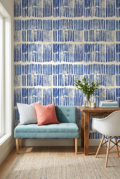 Indigo Rhythm Stripe Wallpaper Blue Brushstroke Pattern Modern Coastal Boho Wall Decor