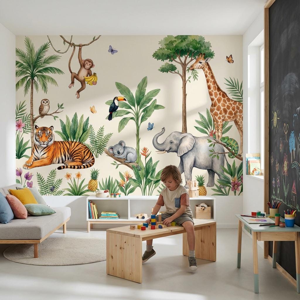 Storybook Safari Wall Mural Kids Jungle Scene Animal Nursery Decor Adventure Theme