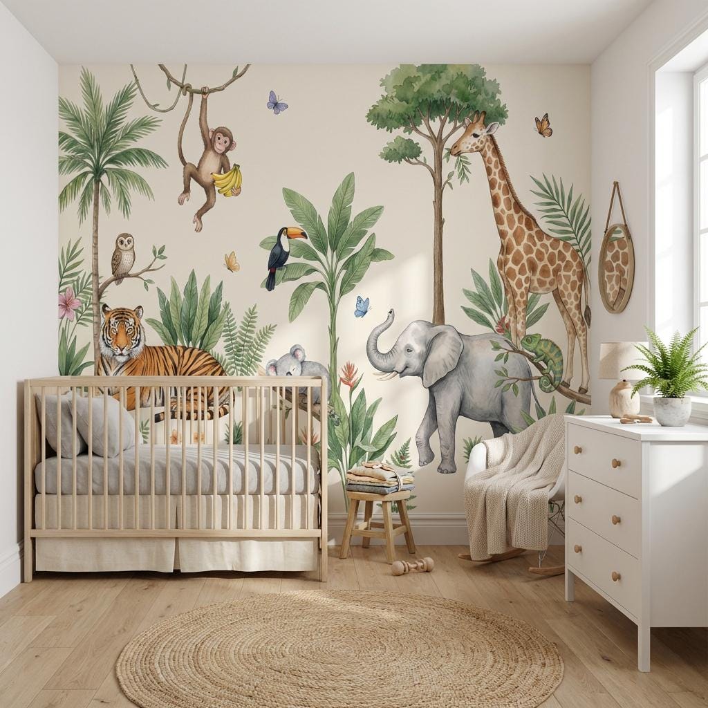 Storybook Safari Wall Mural Kids Jungle Scene Animal Nursery Decor Adventure Theme