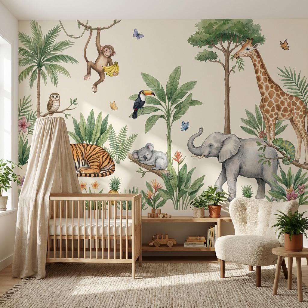Storybook Safari Wall Mural Kids Jungle Scene Animal Nursery Decor Adventure Theme