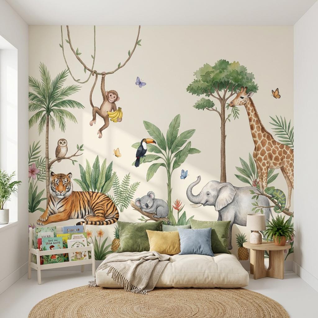 Storybook Safari Wall Mural Kids Jungle Scene Animal Nursery Decor Adventure Theme