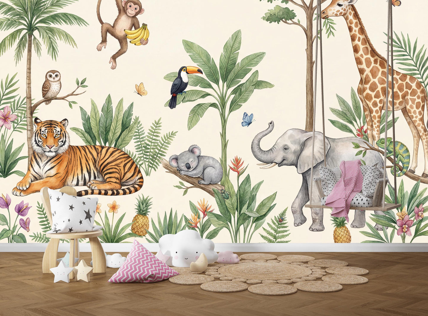 Storybook Safari Wall Mural Kids Jungle Scene Animal Nursery Decor Adventure Theme
