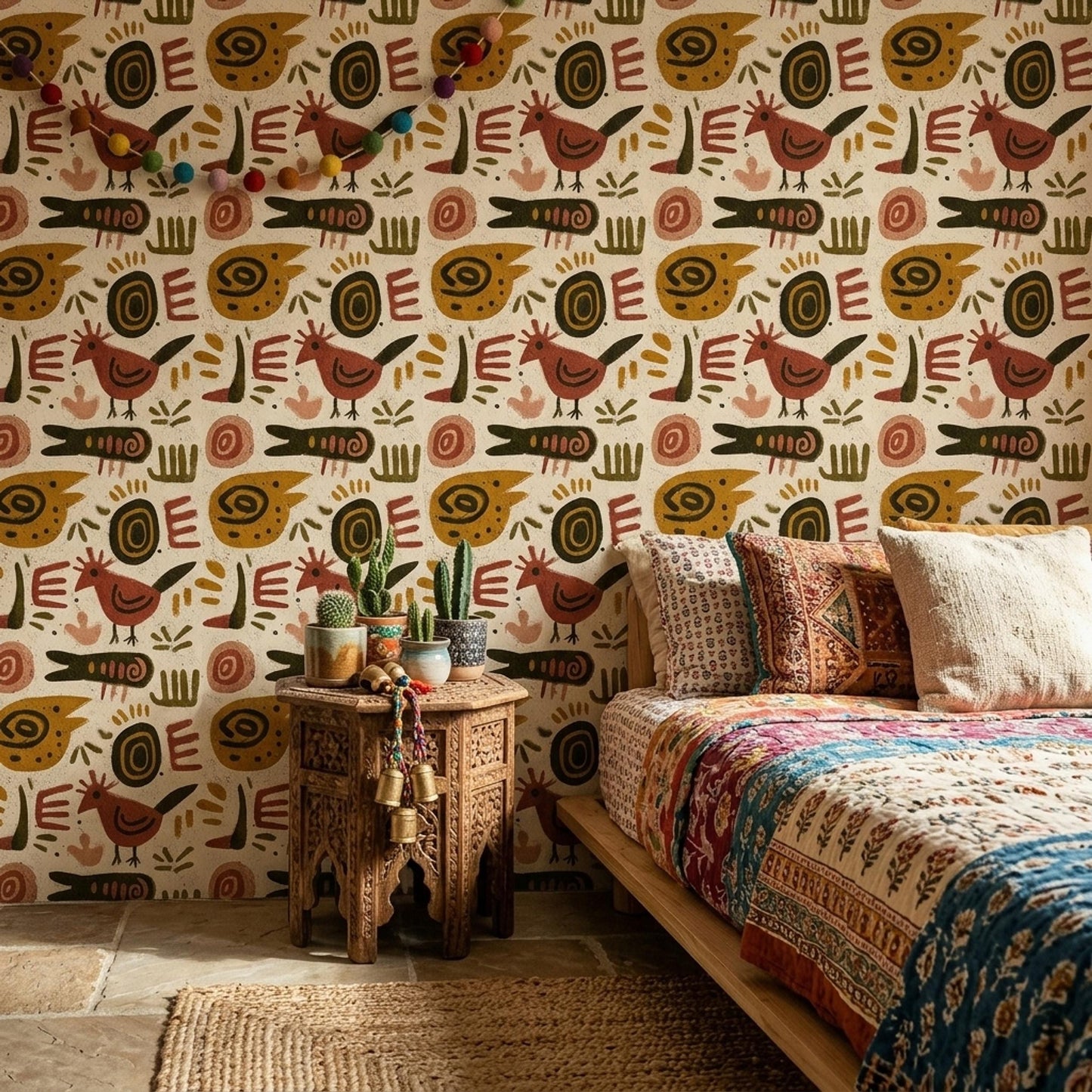 Boho Tribal Animal Wallpaper Abstract Folk Art Pattern Rustic Ethnic Wall Decor