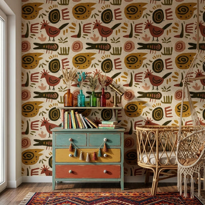 Boho Tribal Animal Wallpaper Abstract Folk Art Pattern Rustic Ethnic Wall Decor
