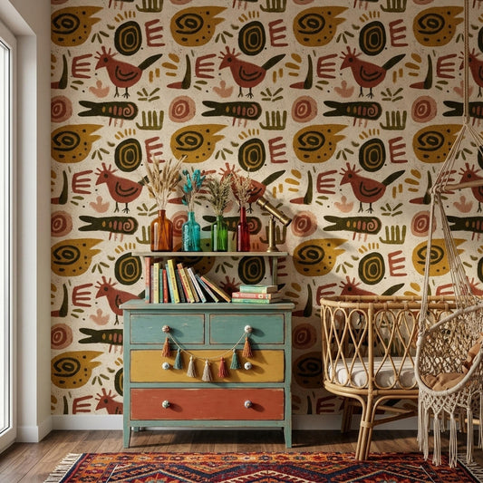 Boho Tribal Animal Wallpaper Abstract Folk Art Pattern Rustic Ethnic Wall Decor