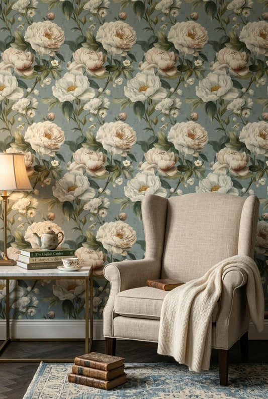 Vintage Floral Repeat Wallpaper, Classic Rose Pattern Wall Decor, Heritage Style Interior Design