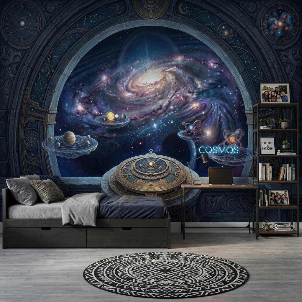 Cosmic Portal Wallpaper Mural, Galaxy Window Wall Art, Celestial Observatory Wall Decor