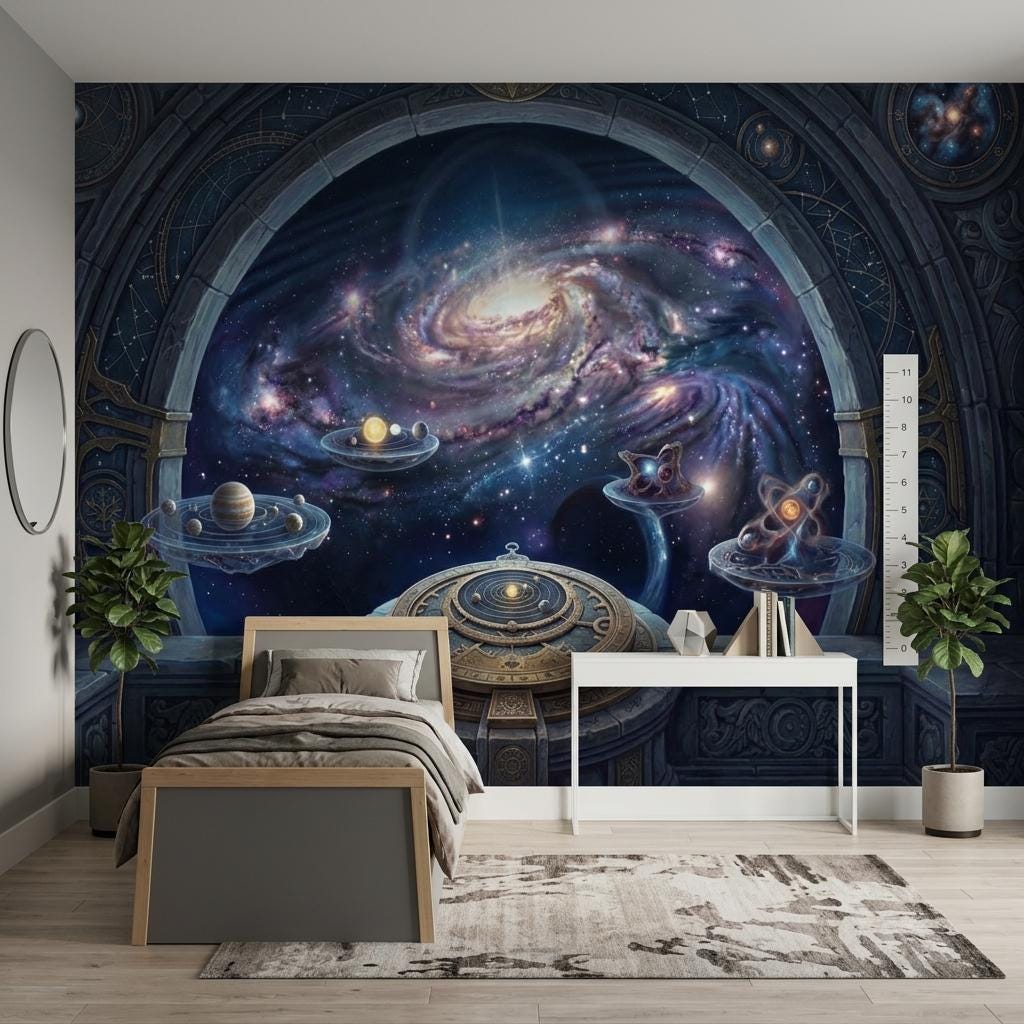 Cosmic Portal Wallpaper Mural, Galaxy Window Wall Art, Celestial Observatory Wall Decor