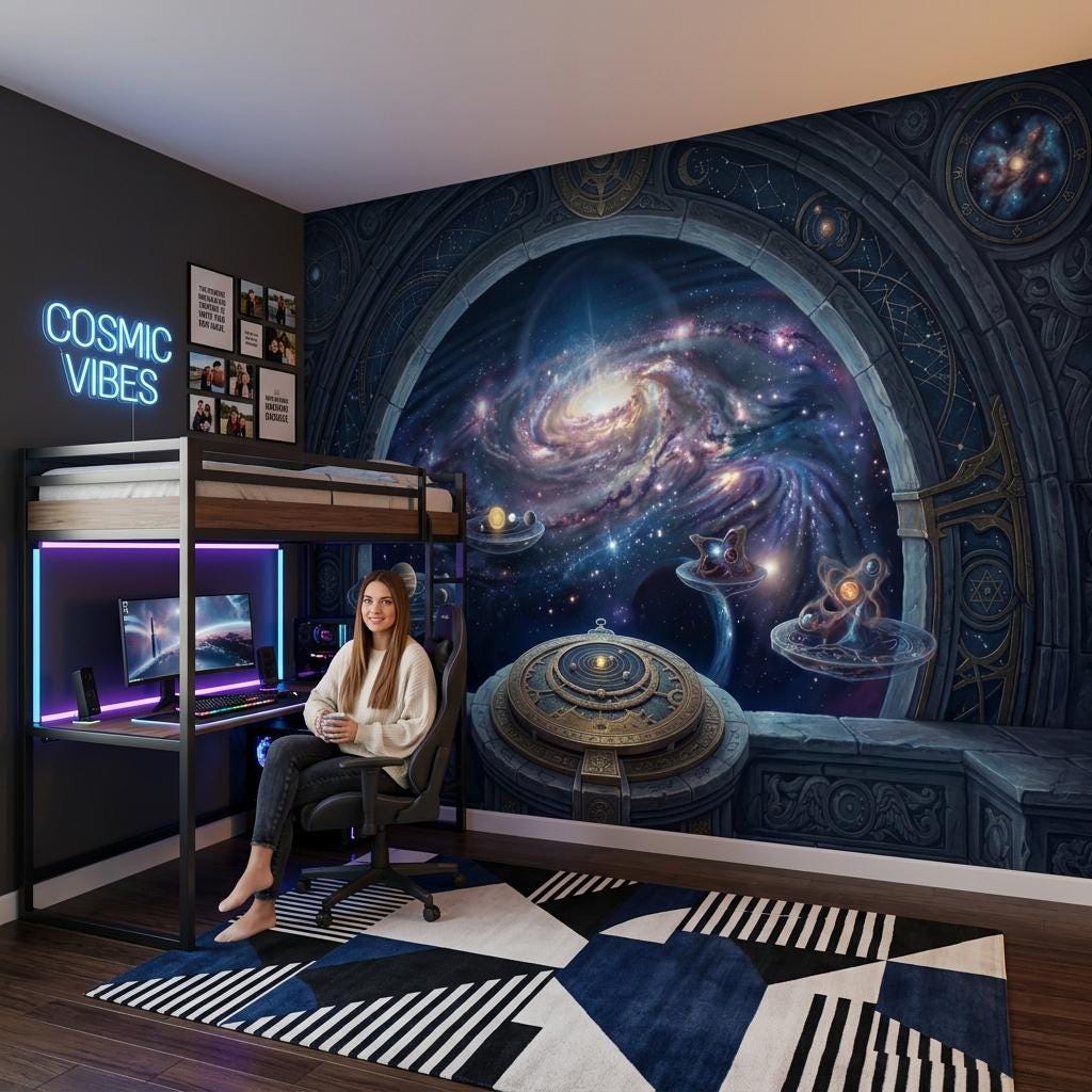 Cosmic Portal Wallpaper Mural, Galaxy Window Wall Art, Celestial Observatory Wall Decor