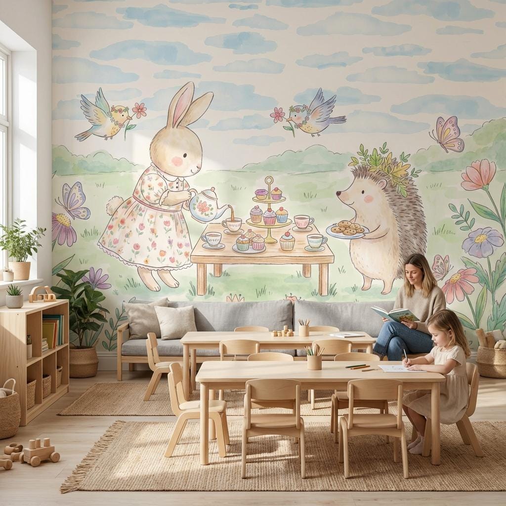 Whimsical Bunny Tea Party Wall Mural Pastel Animal Nursery Wallpaper Storybook Decor