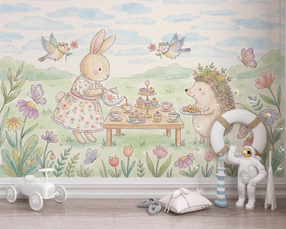 Whimsical Bunny Tea Party Wall Mural Pastel Animal Nursery Wallpaper Storybook Decor
