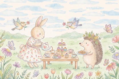 Whimsical Bunny Tea Party Wall Mural Pastel Animal Nursery Wallpaper Storybook Decor