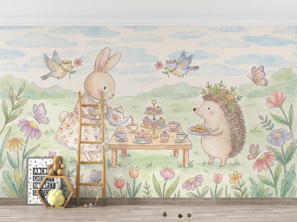 Whimsical Bunny Tea Party Wall Mural Pastel Animal Nursery Wallpaper Storybook Decor