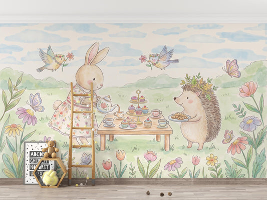 Whimsical Bunny Tea Party Wall Mural Pastel Animal Nursery Wallpaper Storybook Decor