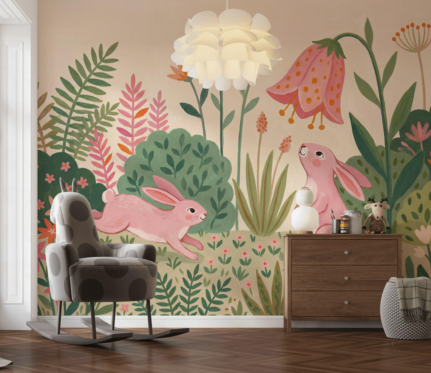 Blush Bunny Garden Wall Mural Pink Floral Nursery Wallpaper Whimsical Kids Room Decor