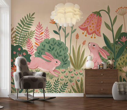 Blush Bunny Garden Wall Mural Pink Floral Nursery Wallpaper Whimsical Kids Room Decor