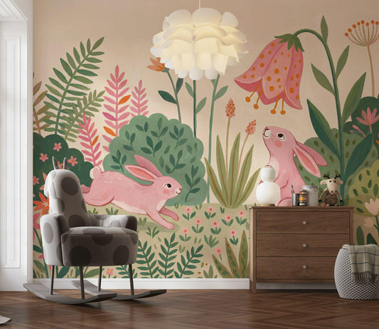 Blush Bunny Garden Wall Mural Pink Floral Nursery Wallpaper Whimsical Kids Room Decor
