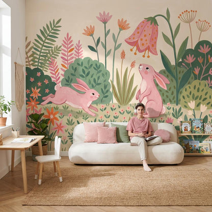 Blush Bunny Garden Wall Mural Pink Floral Nursery Wallpaper Whimsical Kids Room Decor
