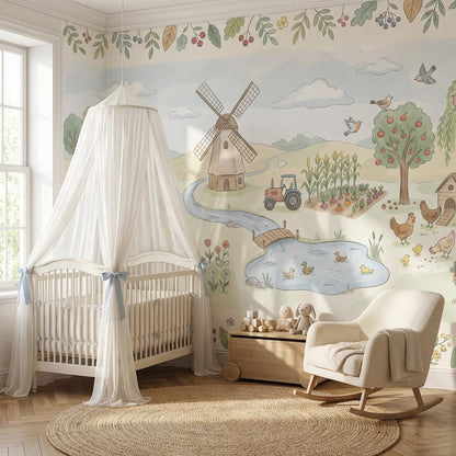 Storybook Farm Wall Mural Kids Nursery Wallpaper Barn Animals Country Landscape Decor