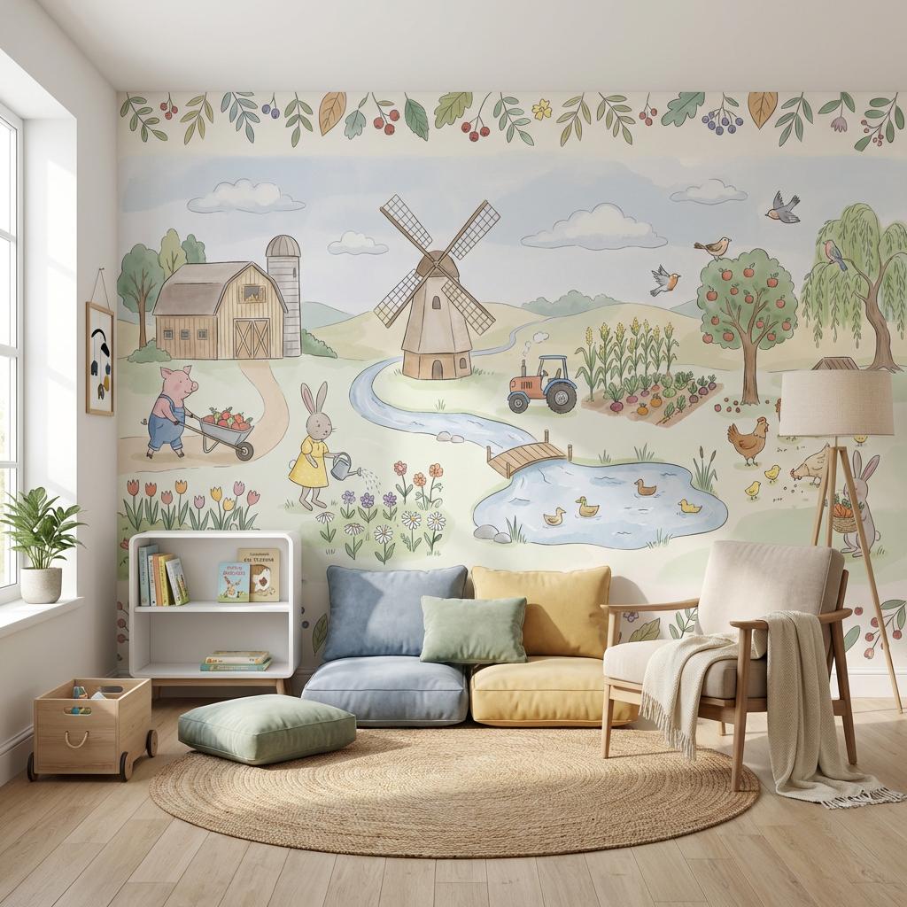 Storybook Farm Wall Mural Kids Nursery Wallpaper Barn Animals Country Landscape Decor