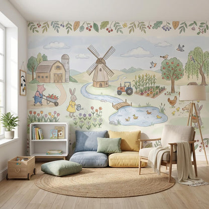 Storybook Farm Wall Mural Kids Nursery Wallpaper Barn Animals Country Landscape Decor