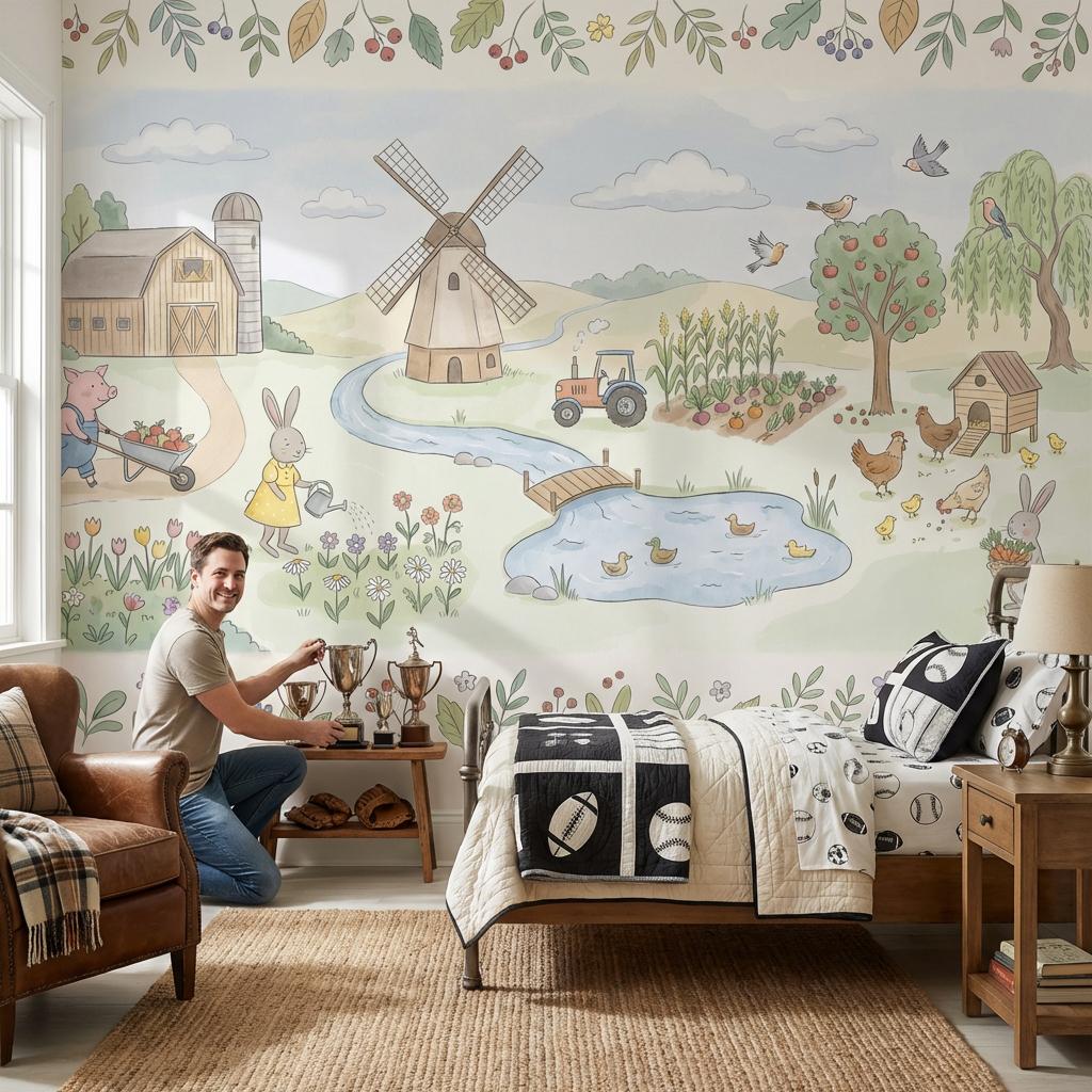 Storybook Farm Wall Mural Kids Nursery Wallpaper Barn Animals Country Landscape Decor