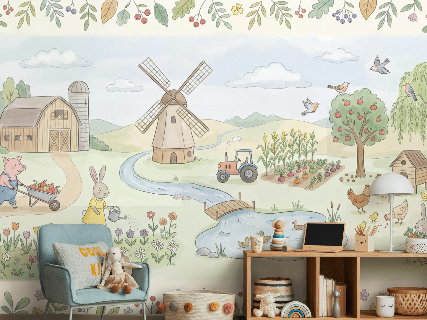 Storybook Farm Wall Mural Kids Nursery Wallpaper Barn Animals Country Landscape Decor