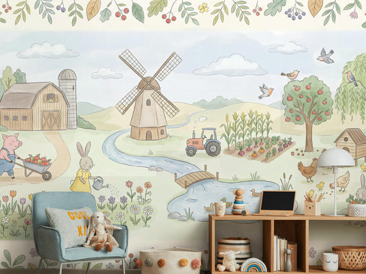 Storybook Farm Wall Mural Kids Nursery Wallpaper Barn Animals Country Landscape Decor