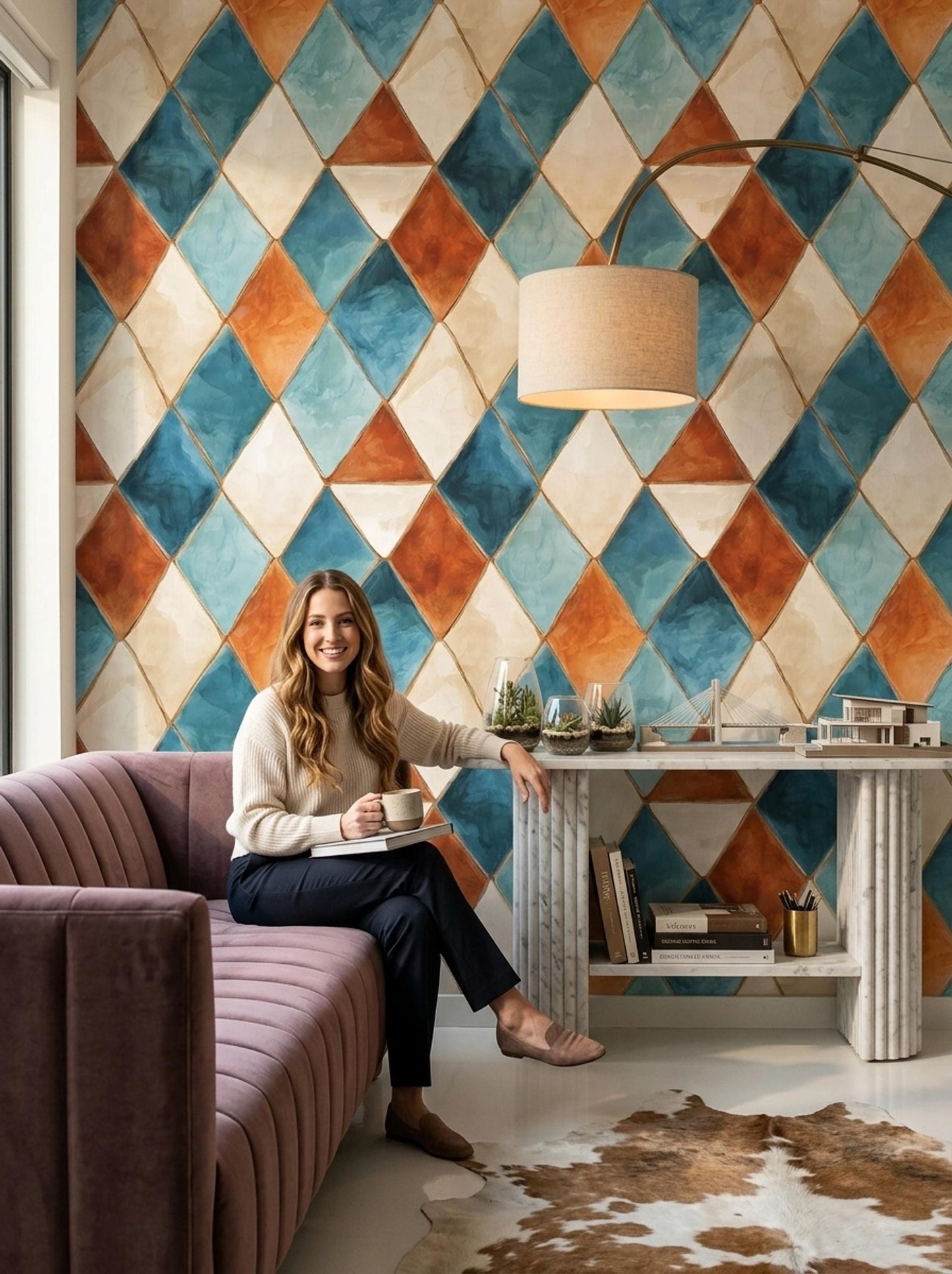 Diamond Pattern Wallpaper, Watercolor Geometric Wall Decor, Modern Retro Wall Design