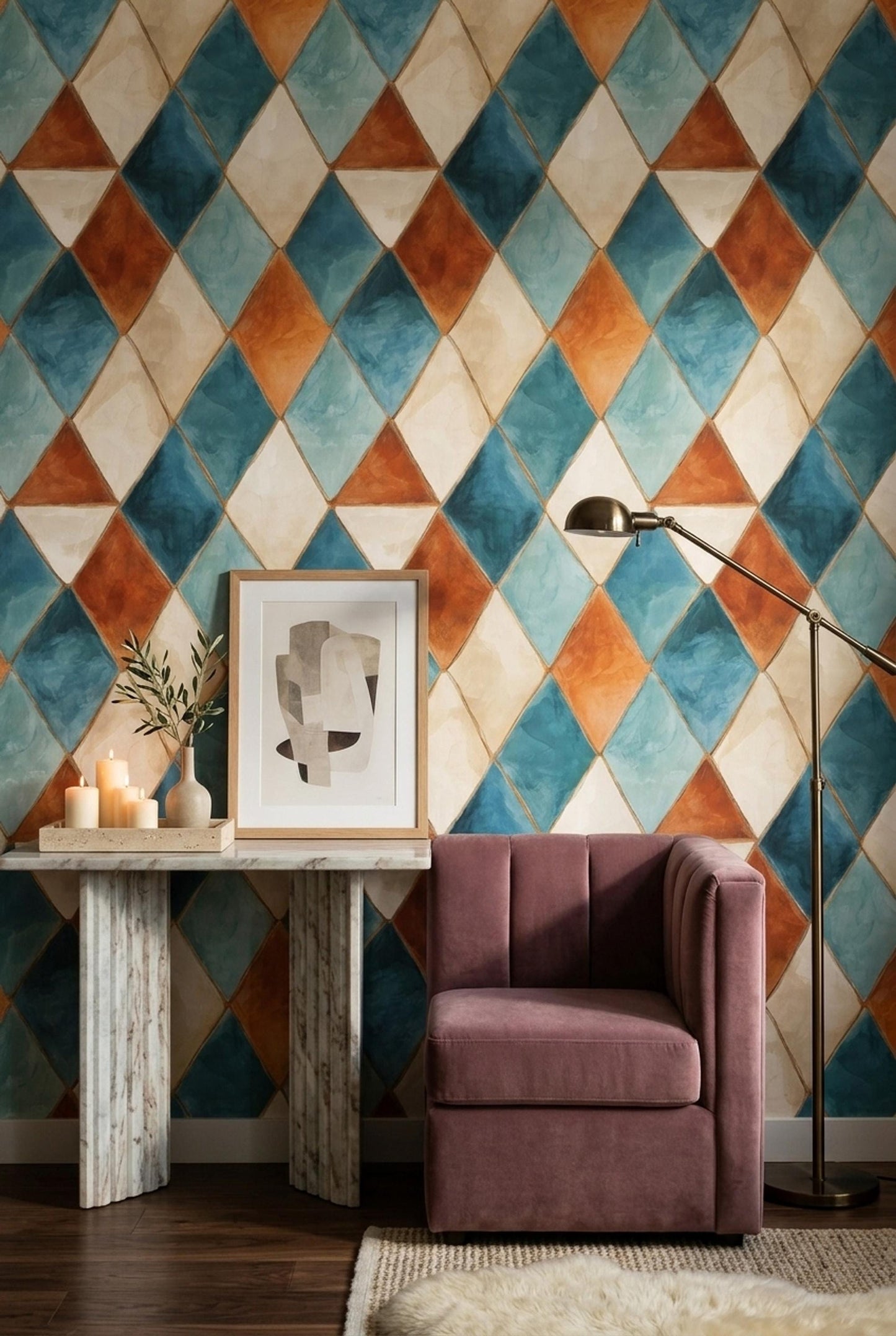 Diamond Pattern Wallpaper, Watercolor Geometric Wall Decor, Modern Retro Wall Design