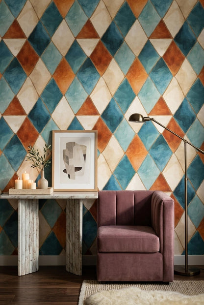 Diamond Pattern Wallpaper, Watercolor Geometric Wall Decor, Modern Retro Wall Design
