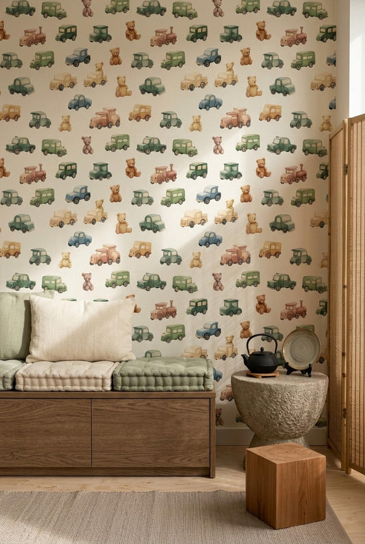 Vintage Toy Car Wallpaper, Kids Nursery Decor, Watercolor Vehicle Pattern, Playroom Wall Art